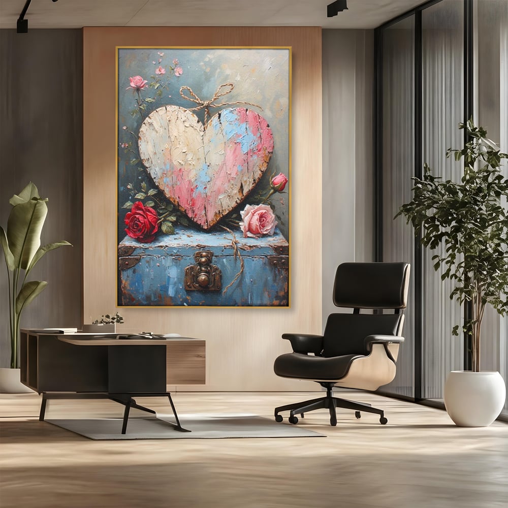Tablou canvas cu tablou canvas cu inima din lemn si flori, in rama de aluminiu auriu, pe perete intr-un birou